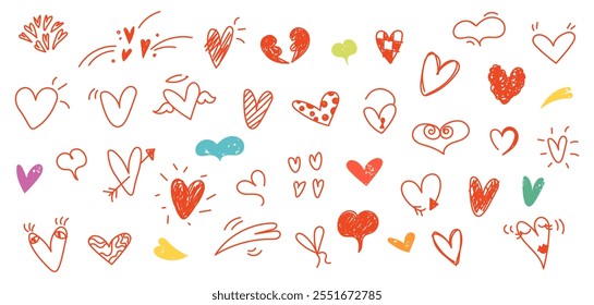 Hand-drawn childlike doodle heart icon set. Red and colorful stroke on transparent background. Romance and love vector arts, illustrations for your design, for valentine's day