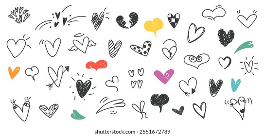 Hand-drawn childlike doodle heart icon set. Black and colorful stroke on transparent background. Romance and love vector arts, illustrations for your design, for valentine's day