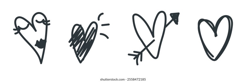 Hand-drawn childlike doodle heart icon set. Black stroke on transparent background. Romance and love vector arts, illustrations for your design, for valentine's day