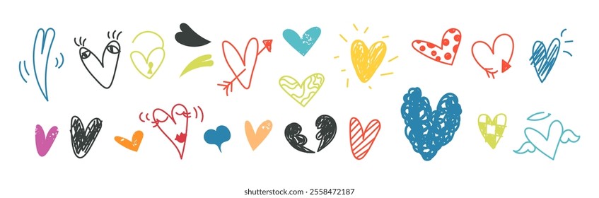 Hand-drawn childlike doodle heart icon set. Colored stroke on transparent background. Romance and love vector arts, illustrations for your design, for valentine's day