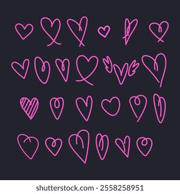 Hand-drawn childlike doodle heart set. Heart doodles Vector illustration
