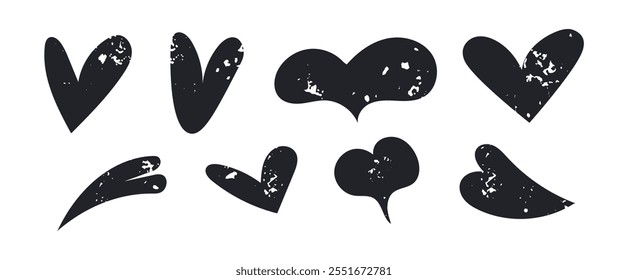 Hand-drawn childlike grunge heart icon set on transparent background. Old black hearts with white scratches and scuffs textured with chalk. vector illustrations for your design, for valentine's day