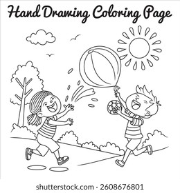 Hand-drawn children playing with a water balloon in a park