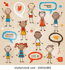 Hand-drawn children and speech bubbles set