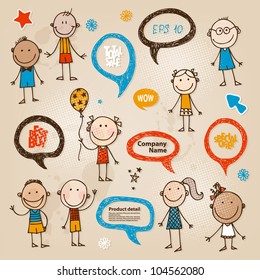 Hand-drawn children and speech bubbles set