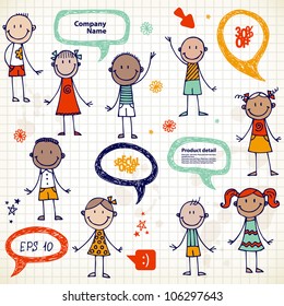 Hand-drawn children and speech bubbles set