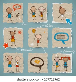 Hand-drawn children and speech bubbles set