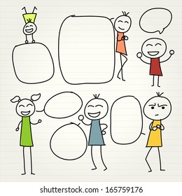 Hand-drawn children and speech bubbles set