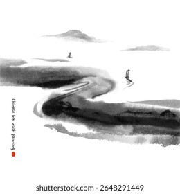 Pintura chinesa de lavagem de tinta desenhada à mão de paisagem natural. neblina e montanhas distantes, lago, rio, barco. pincelada tradicional em tons monocromáticos.