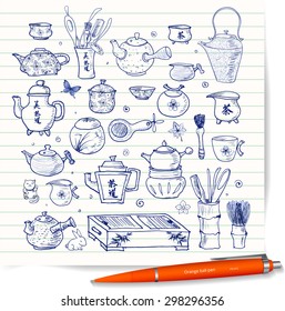 Hand-drawn Chinese and Japanese tea objects. Tea ceremony, teapots, tea bowls and other elements in sketchy style. 
