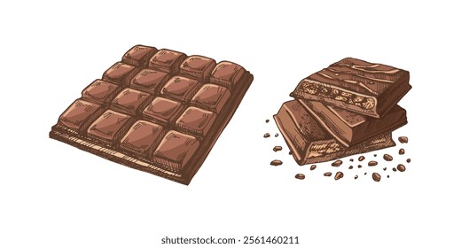 Hand-drawn chocolate bar colored illustrations in vintage sketch style