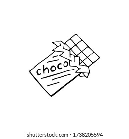 Hand-drawn chocolate bar in expanded packaging. Doodle drawing. Vector illustration.