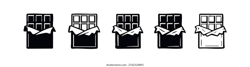 Hand-drawn Chocolate Bar Icon Set. Wrapped Sweet Candy and Cocoa Doodles in Black and White.