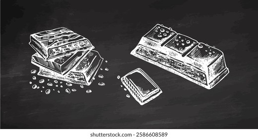 Hand-drawn chocolate bar illustrations with vintage artistic details on chalkboard background 