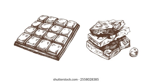 Hand-drawn chocolate bar and nut pieces vintage illustration