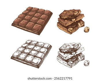 Hand-drawn chocolate bar with nuts and chocolate pieces vintage colored and monochrome illustration