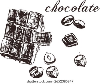 Peças de barra de chocolate desenhadas à mão com nozes sobre fundo branco 
