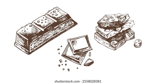 Hand-drawn chocolate bar and pieces vintage style illustration