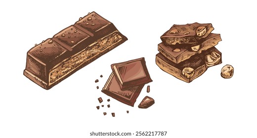 Hand-drawn chocolate bar and pieces vintage style colored  illustration