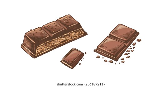 Hand-drawn chocolate bars with artistic and detailed design colored illustrations