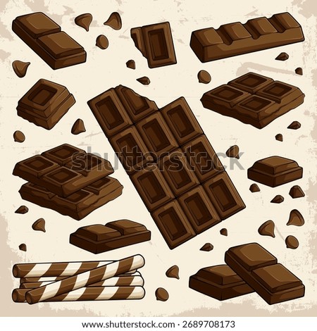Hand-Drawn Chocolate Bars and Pieces Collection Vector, Sweet Cocoa Dessert Illustration with Chocolate Chunks and Sticks for Packaging, Menu, and Recipes