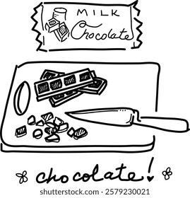 Hand-drawn chocolate bars vector doodle. Milk chocolate bars, cutting board, and knife. Cutting up some chocolate chunks!