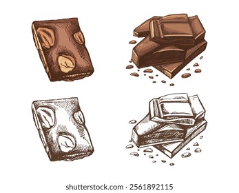 Hand-drawn chocolate and candy colored and monochrome illustrations in vintage artistic style
