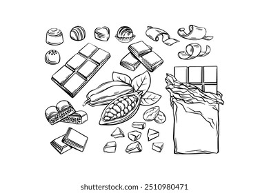 Hand-drawn chocolate and cocoa illustrations set. Vector icon design.