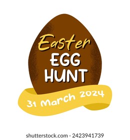 Handdrawn chocolate egg with phrase Easter Egg Hunt and yellow ribbon. Vector design for poster, flyers, banners.