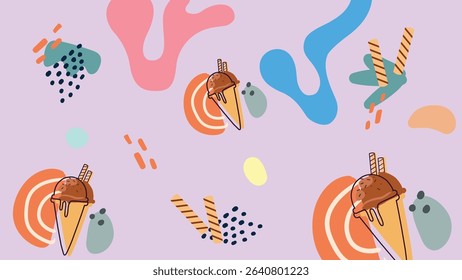 Hand-drawn chocolate ice cream cones with colorful abstract shapes on soft purple. Ideal for dessert branding, playful packaging, and kids designs.
