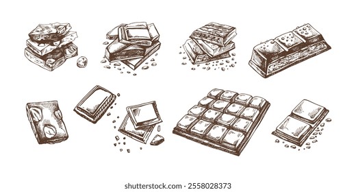 Hand-drawn chocolate illustrations set featuring bars and chunks