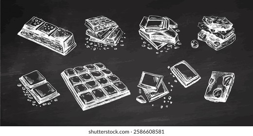 Hand-drawn chocolate illustrations set featuring bars and chunks on chalkboard  background