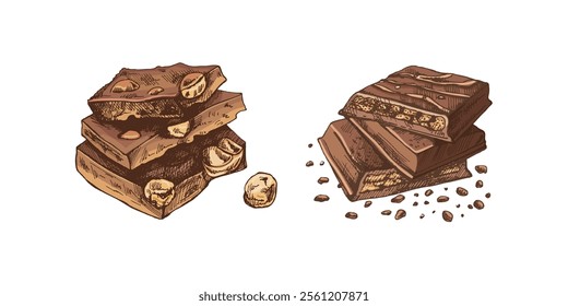 Hand-drawn chocolate nut bar colored sketches in vintage style