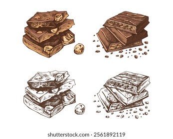 Hand-drawn chocolate nut bar colored and monochrome sketches in vintage style