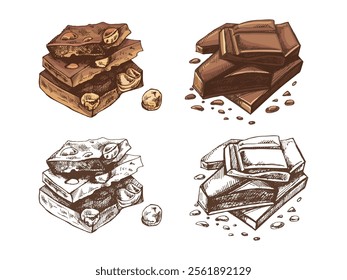 Hand-drawn chocolate stack colored and monochrome illustrations in rustic vintage artistic style