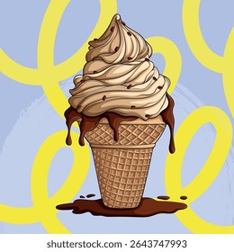 Hand-Drawn Chocolate Swirl Ice Cream in Waffle Cone with Dripping Topping and Sprinkles