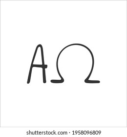 Hand-drawn Christian Alpha and Omega symbol isolated on white background. Beginnings and End. Christian symbol of the infinity of God. Vector illustration