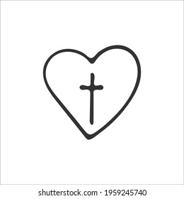 Hand-drawn Christian cross in heart isolated on white background. Religion and Christianity. Christian symbol. Vector illustration