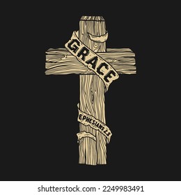 Hand-drawn Christian vector illustration. A wooden cross with the inscription "Grace".
