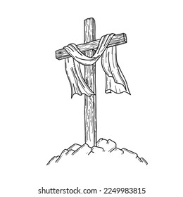 Hand-drawn Christian vector illustration. Wooden cross on a hill. A symbol of the crucifixion of the Lord Jesus Christ.