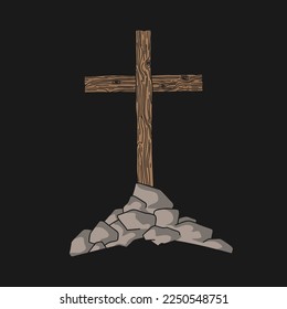 Ilustración vectorial cristiana dibujada a mano. Cruz de madera en una colina. Un símbolo de la crucifixión del Señor Jesucristo.