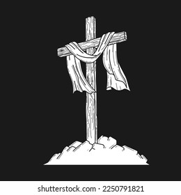 Hand-drawn Christian vector illustration. Wooden cross on a hill. A symbol of the crucifixion of the Lord Jesus Christ.