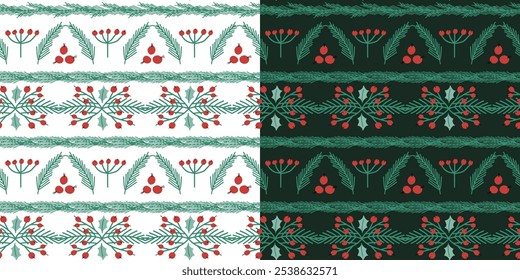 Hand-drawn christmas background with leaves and berries. Vector seamless holiday pattern