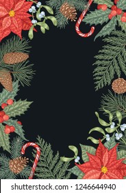 Hand-drawn Christmas background with traditional decorations. Vector botanical card with detailed holly berry, spruce, mistletoe, pine cone, poinsettia.