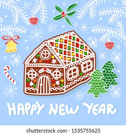 Hand-drawn christmas background with traditional gingerbread house, fir branches, toys and sweets. Template for new year card
