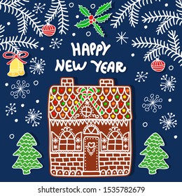 Hand-drawn christmas background with traditional gingerbread house, fir branches, toys and sweets. Template for new year card