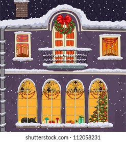 Hand-drawn Christmas background with windows at night