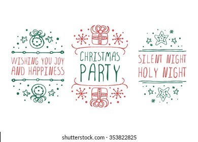 Handdrawn christmas badges with text on white background.  Wishing you joy and happiness. Christmas party. Silent night holy night. 