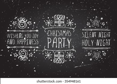 Handdrawn christmas badges with text on chalkboard background.  Wishing you joy and happiness. Christmas party. Silent night holy night. 