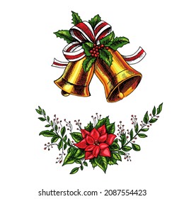 Hand-drawn christmas  bells with a ribbon, leaves and berries isolated on a white background.  A hand-drawn sketch of an elegant branch with berries and poinsettia. Vector illustration.